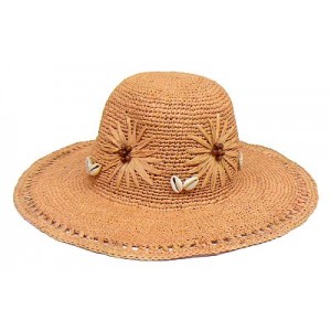 Raffia Crochet 4" Rim Hats – 12 PCS w/ Seashells - Tan - HT-ST67436TN